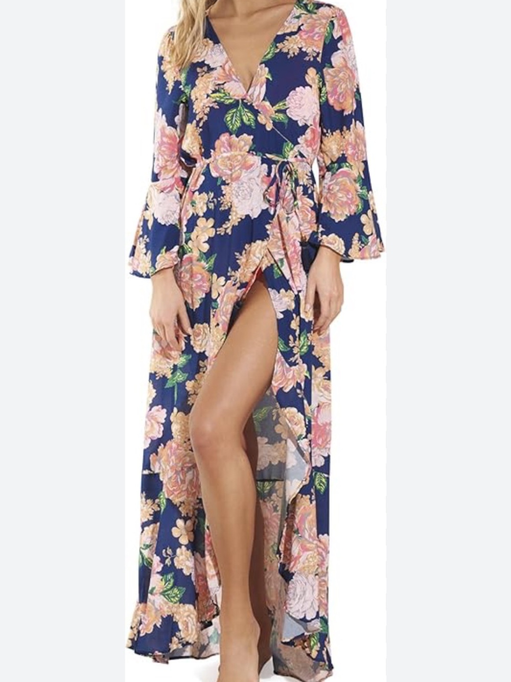 Maaji Navy Peony Lotus Maxi Kimono/ Beach Cover Up Dress Size L - Picture 2 of 9